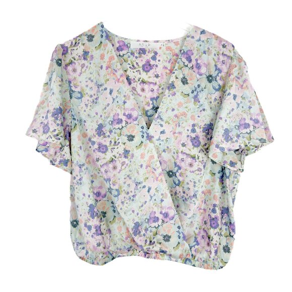 ASTR The Label Flutter Sleeve Surplice Top Floral Blouson Satin Size XL EUC - Picture 1 of 13
